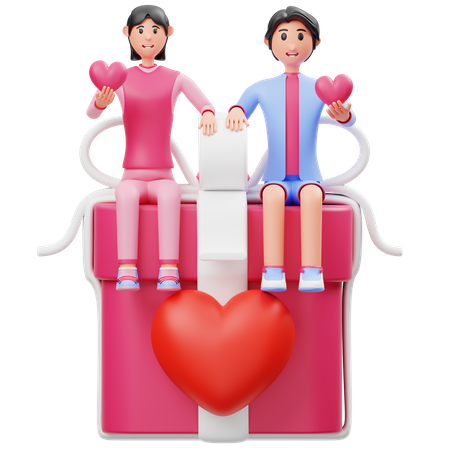 Junges Paar sitzt auf Geschenk  3D Illustration