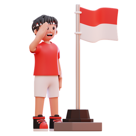 Jungen grüßen die indonesische Flagge  3D Illustration