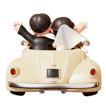 Cute 3 D Cartoon Just Married Couple In A Vintage Wedding Car Couple In Love Wedding Marriage Valentines Day Love And Romantic Concept 3D Illustration