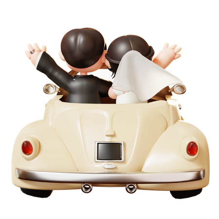 Just Married Couple In Vintage Wedding Car  3D Illustration