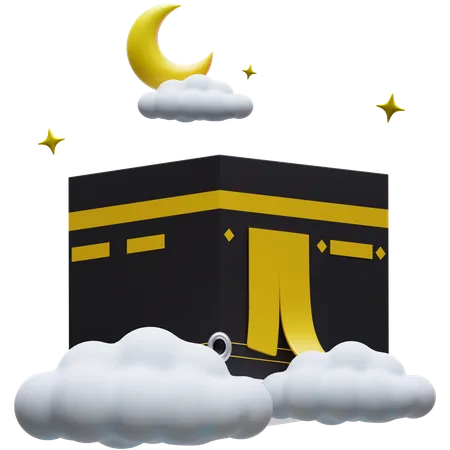 Kaaba Above Clouds with Crescent Moon  3D Icon