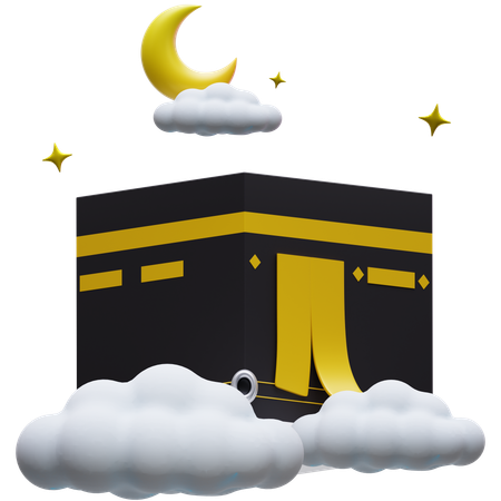 Kaaba Above Clouds with Crescent Moon  3D Icon