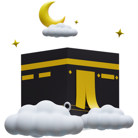 Kaaba Above Clouds with Crescent Moon  3D Icon