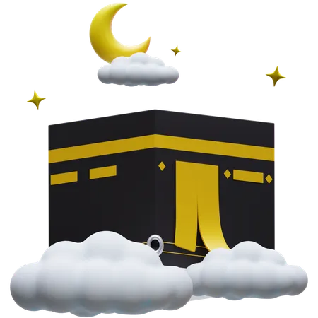 Kaaba acima das nuvens com lua crescente  3D Icon