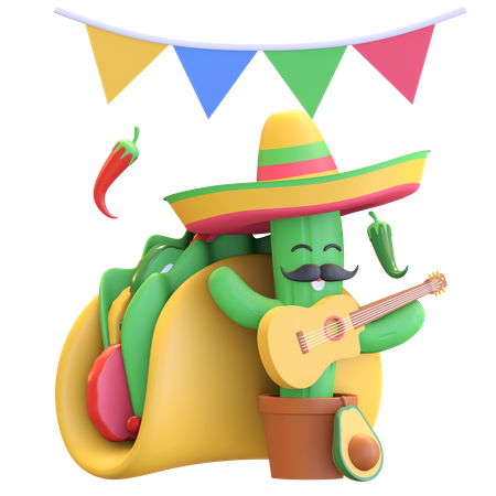 Kaktus spielt Gitarre mit Taco  3D Illustration