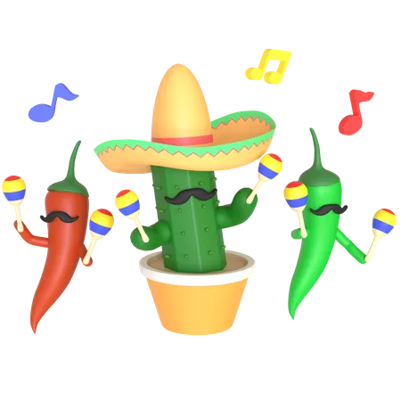 Kaktus und Chili spielen Maracas  3D Illustration