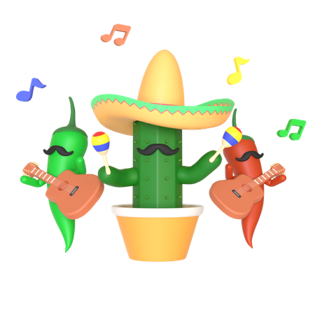 Kaktus und Chili spielen Musik  3D Illustration