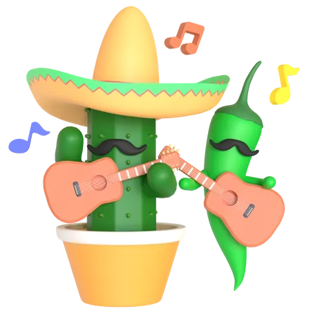 Kaktus und grüne Chilischote spielen Gitarre  3D Illustration