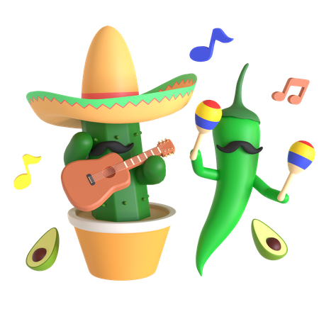 Kaktus und grüne Chilischoten spielen Musik  3D Illustration