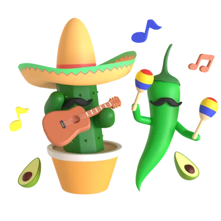 Kaktus und grüne Chilischoten spielen Musik  3D Illustration