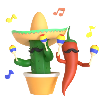 Kaktus und rote Chilischoten spielen Maracas  3D Illustration