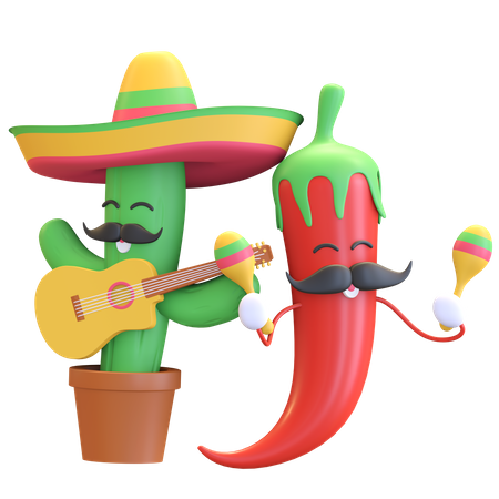 Kaktus und rote Chili spielen Musik  3D Illustration