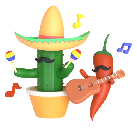 Kaktus und rote Chilischoten spielen Musik  3D Illustration