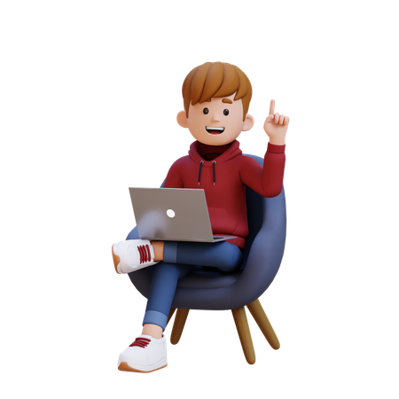 Hoodie Boy bekommt eine Idee, während er auf dem Sofa sitzt und am Laptop arbeitet  3D Illustration