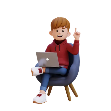 Hoodie Boy bekommt eine Idee, während er auf dem Sofa sitzt und am Laptop arbeitet  3D Illustration