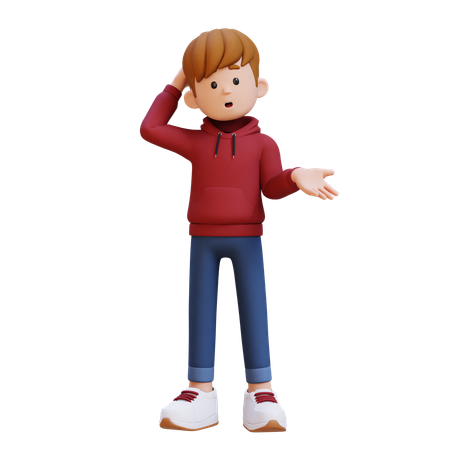 Junge mit Kapuze steht in verwirrter Pose  3D Illustration