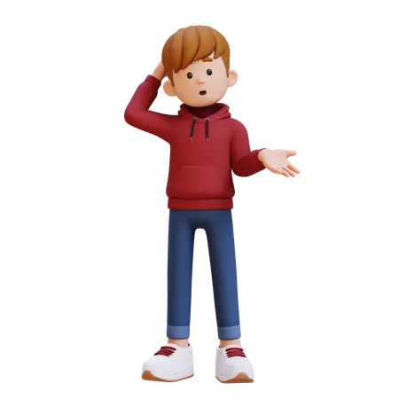 Junge mit Kapuze steht in verwirrter Pose  3D Illustration