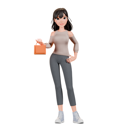 Shopaholic Mädchen Holding Handtasche beim Stehen  3D Illustration