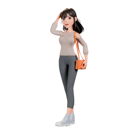 Shopaholic Mädchen hält Handtasche in stehender Pose  3D Illustration