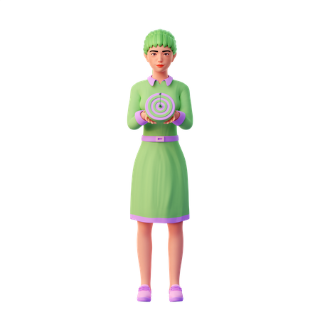 Kawaii girl holding cute target icon  3D Illustration