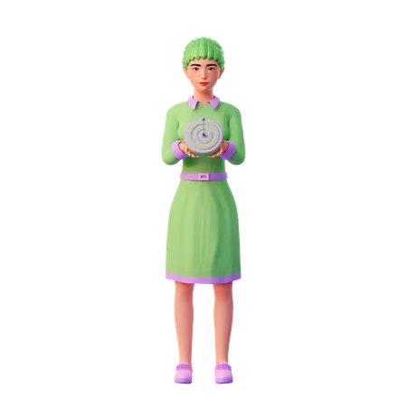 Kawaii girl holding cute target icon  3D Illustration