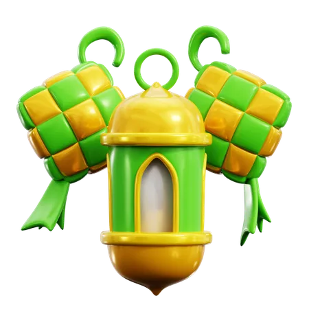 Ketupat Lebaran With Lantern Lamp For Happy Eid Fitr Islamic Holy Month 3 D Icon Illustration Render Design 3D Icon