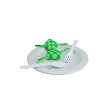 Ketupat y plato  3D Illustration