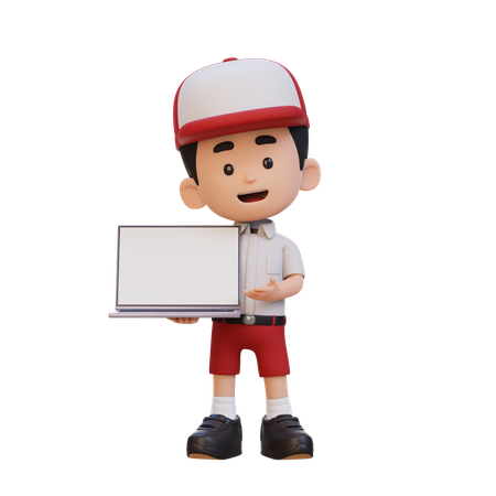 Kid Character Holding And Presenting To A Laptop With Empty Screen  3D Icon