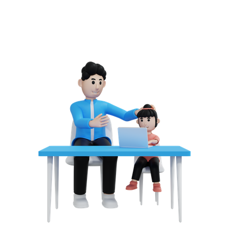 Kid Learning Laptop With Dad  3D Icon
