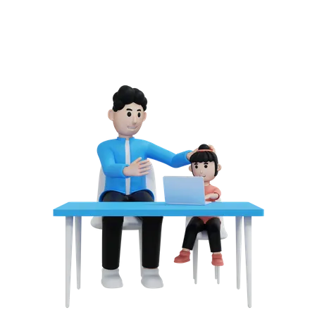 Kid Learning Laptop With Dad 3D Illustration