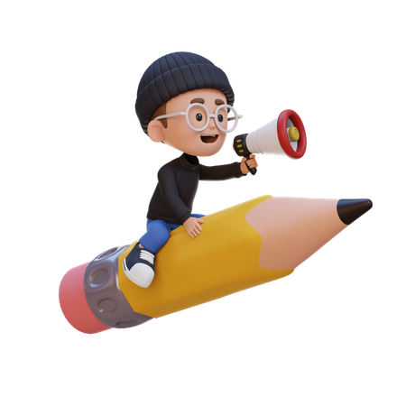 Kid Riding Pencil And Holding Megaphone  3D Icon