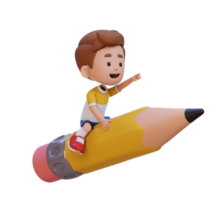 Kid Riding Pencil And Pointing Hand  3D Icon