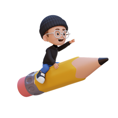Kid Riding Pencil And Pointing Hand  3D Icon