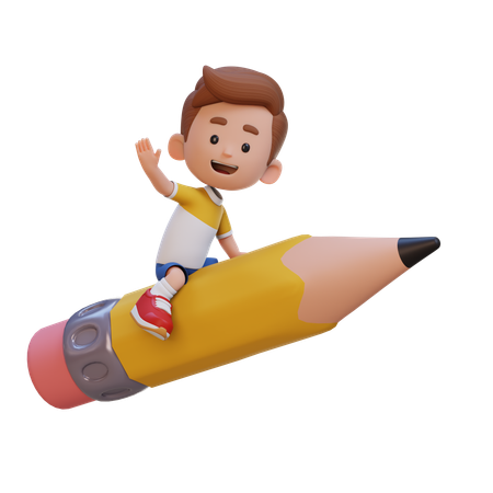 Kid Riding Pencil And Waving Hand  3D Icon