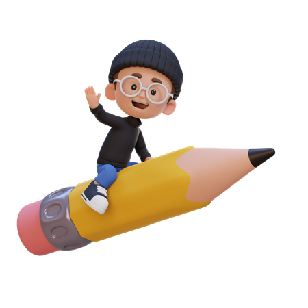 Kid Riding Pencil And Waving Hand  3D Icon