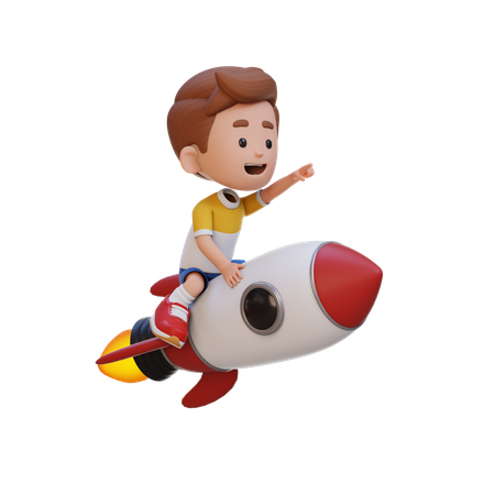 Kid Riding Rocket And Pointing Hand  3D Icon