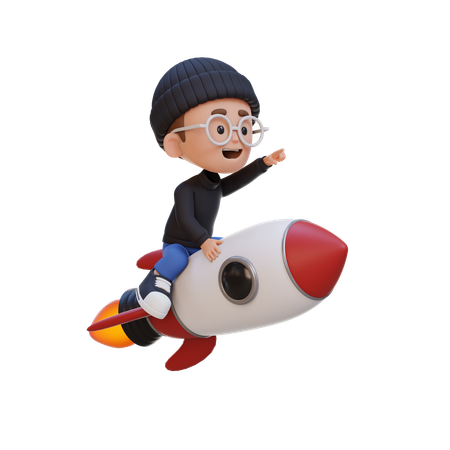 Kid Riding Rocket And Pointing Hand  3D Icon