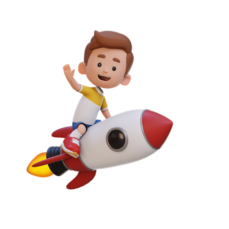 Kid Riding Rocket And Waving Hand  3D Icon