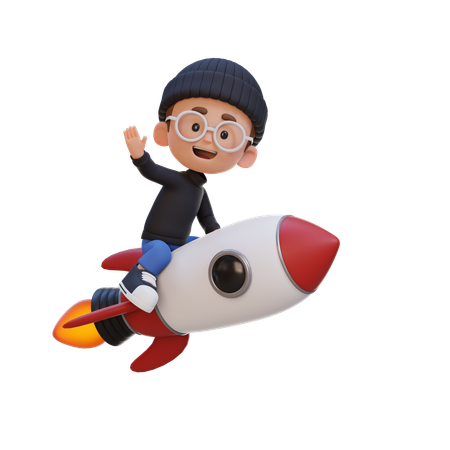 Kid Riding Rocket And Waving Hand  3D Icon