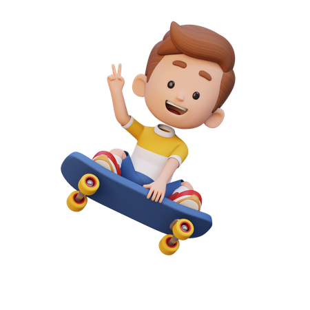 Kid Riding Skateboard While Showing Victory Gesture  3D Icon