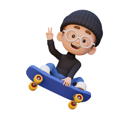 Kid Riding Skateboard While Showing Victory Gesture  3D Icon