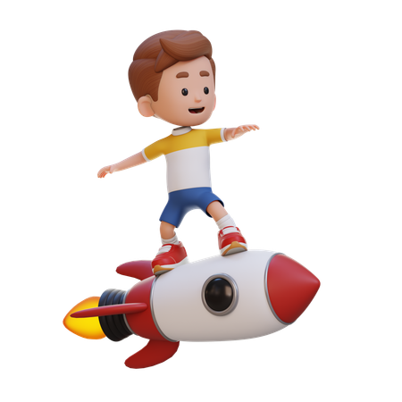 Kid Standing On Rocket While Doing Rocket Ride  3D Illustration