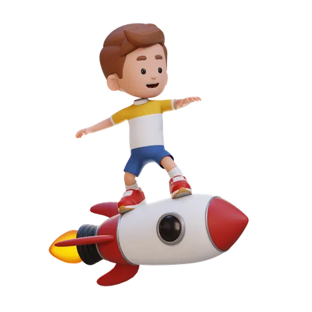 Kid Standing On Rocket While Doing Rocket Ride  3D Illustration