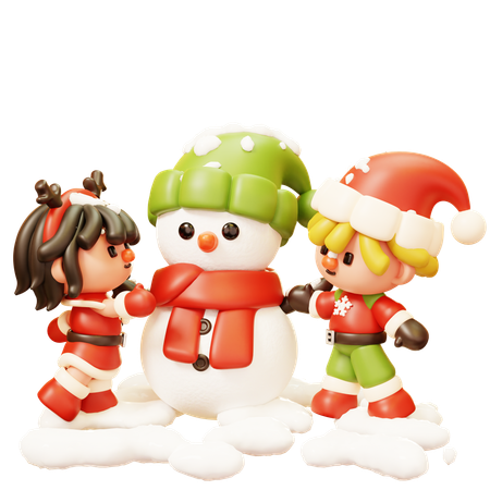 Kids Building Snowman Together  3D Icon