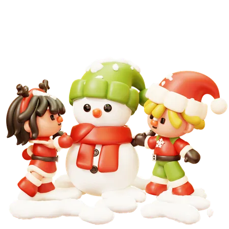 Kids Building Snowman Together  3D Icon