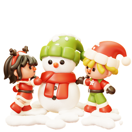 Kids Building Snowman Together  3D Icon