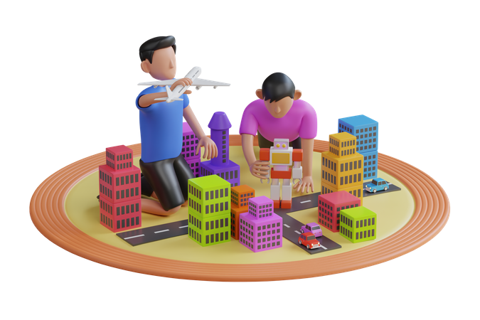 Kids making toy city  3D Illustration