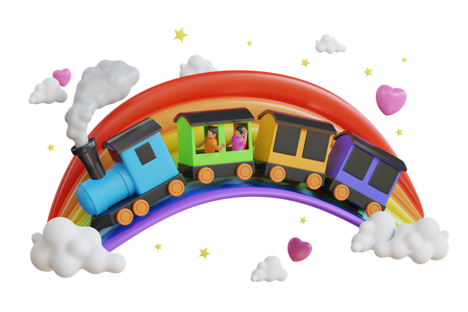 Kids on a Toy Train  3D Illustration