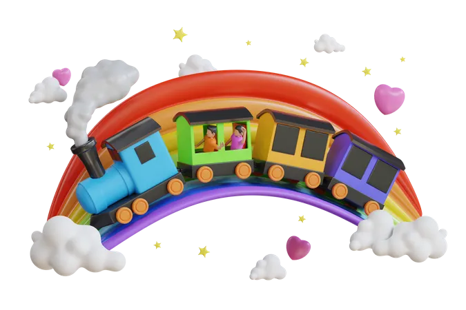 Kids on a Toy Train  3D Illustration