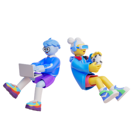 Kids Playing Video Games  3D Illustration